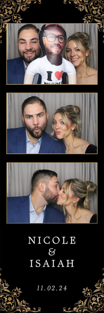 three photo booth photos of a couple